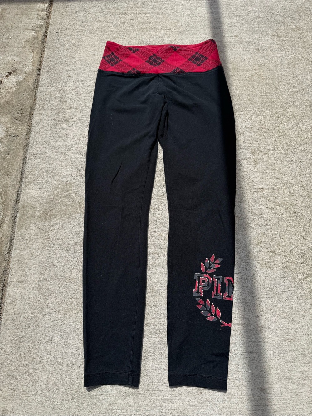 PINK Victoria's Secret Black Leggings with Red Plaid Waistband and Logo